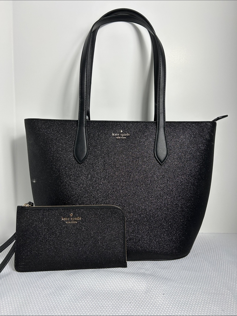 Kate Spade New Work Black Glitter Mix Tote Shopper Purse and Matching Wristlet